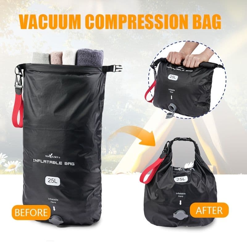 Black inflatable dry bag set, 25L dry bag, waterproof travel bag, inflatable waterproof bag, outdoor dry bag, camping gear, beach essentials