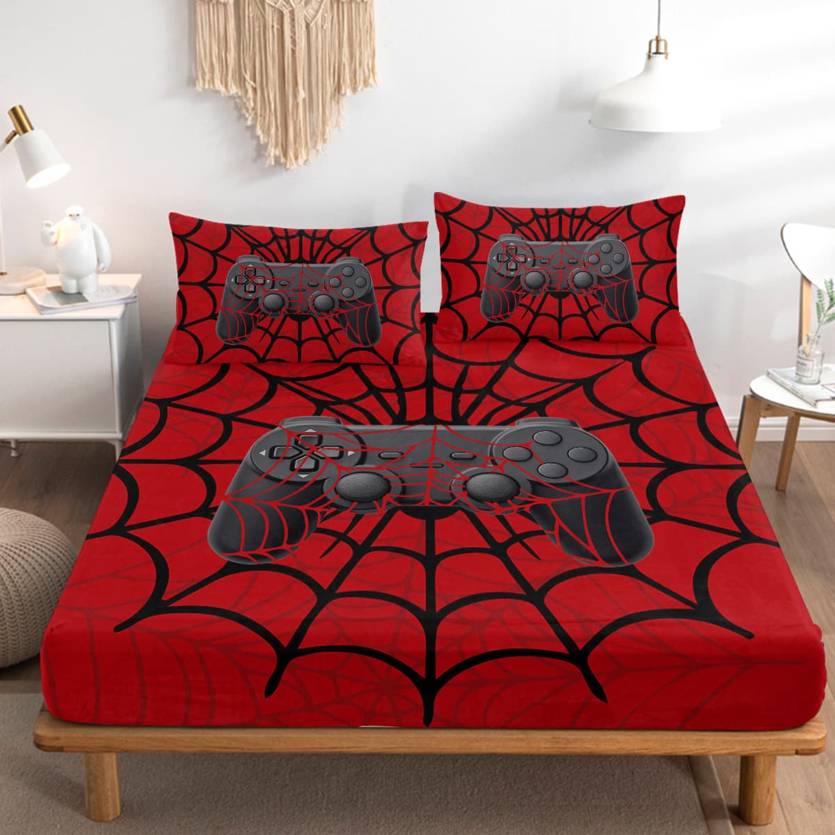 3PCS Gamer Bed Fitted Sheet Set, Red Bedding Set, Spider Web,1 Fitted Sheet, 2 Pillow Cases