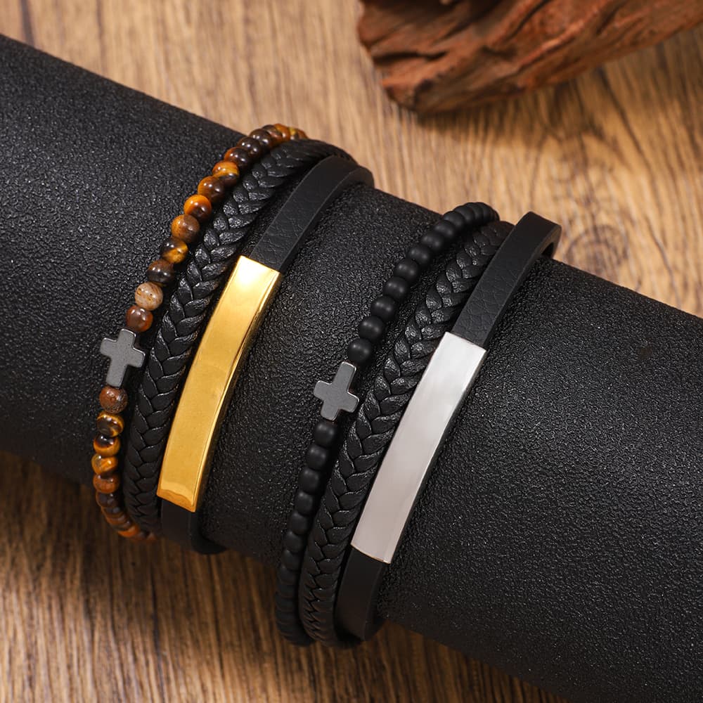 Stainless Steel Men's Hand-woven Obsidian, Yellow Tiger Stone Paired With Black Gallstone Cross Bracelet
