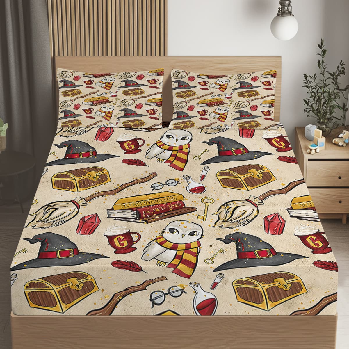 3PCS Halloween Bed Sheet Set, White Bedding Set, Magic Potion Spell Book Wizard Witch Hat Broom Scarf Owl Witchy Spooky Gothic, 1 Fitted She