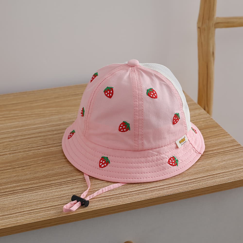 Single-color Strawberry Embroidery Adjustable Patchwork Netting Breathable And Cool Fashion Children's Fisherman Hat For Outdoor Travel And 