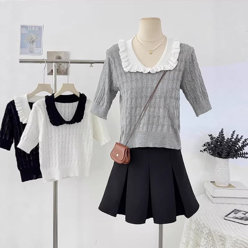 Japanese-style Preppy Chic Ruffled-collar Short-sleeve Knit
