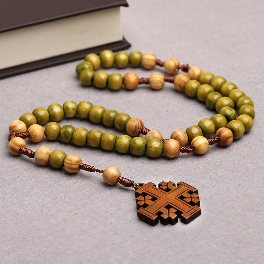 Natural Wooden Five-section Prayer Beads, Hand-woven Cross From Jerusalem