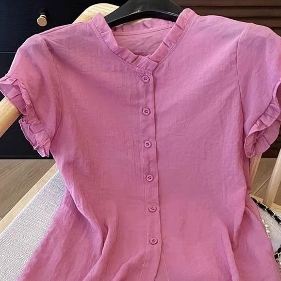 Unique Ankele Red Wood Ear Round-neck Short-sleeve Shirt
