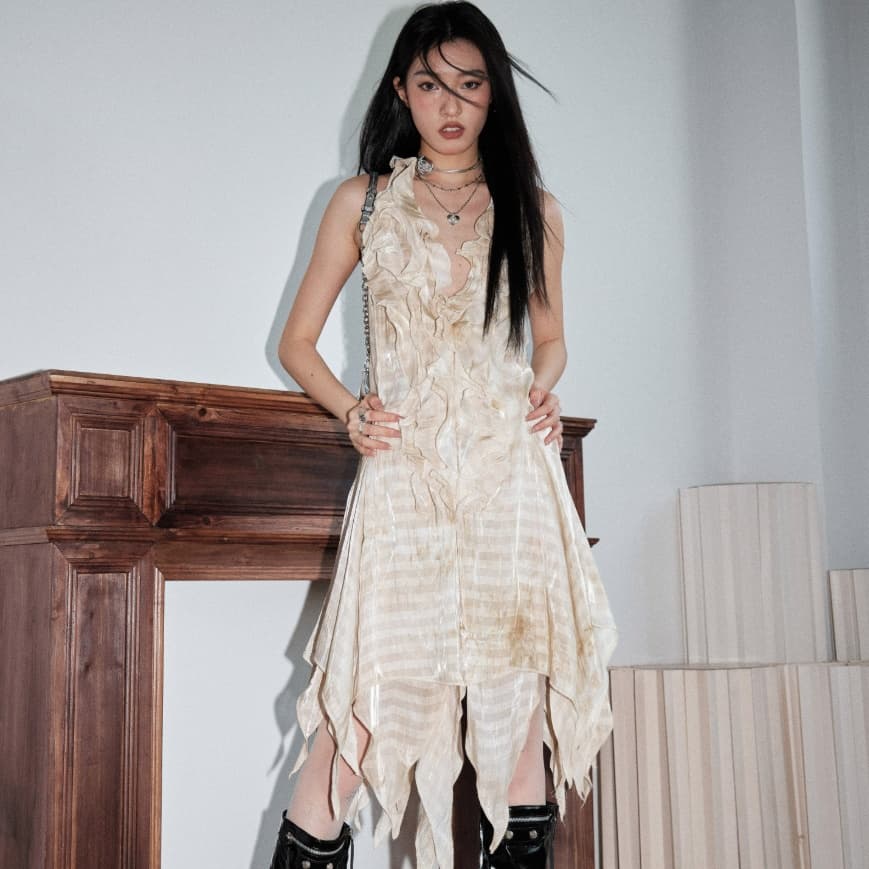 Wasteland Hued Tie Dyed Off The Shoulder Backless Asymmetrical Dress
