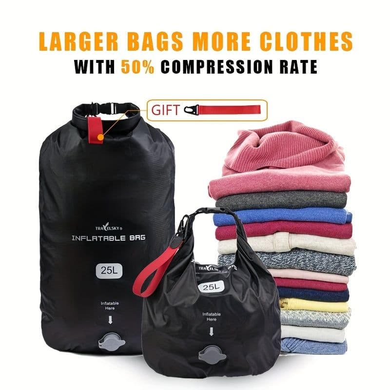 Black Inflatable Dry Bag Set, 25l Dry Bag, Waterproof Travel Bag, Inflatable Waterproof Bag, Outdoor Dry Bag, Camping Gear, Beach Essentials — alternate view