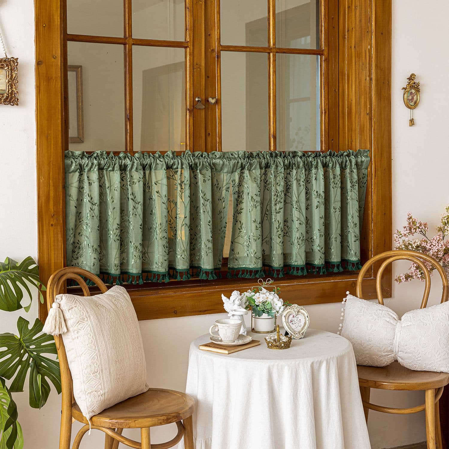 Bohemian Short Curtains With Tassels, Bohemian Linen Translucent Retro Countryside Christmas Curtains, (dark Green 100 * 60cm) — alternate view