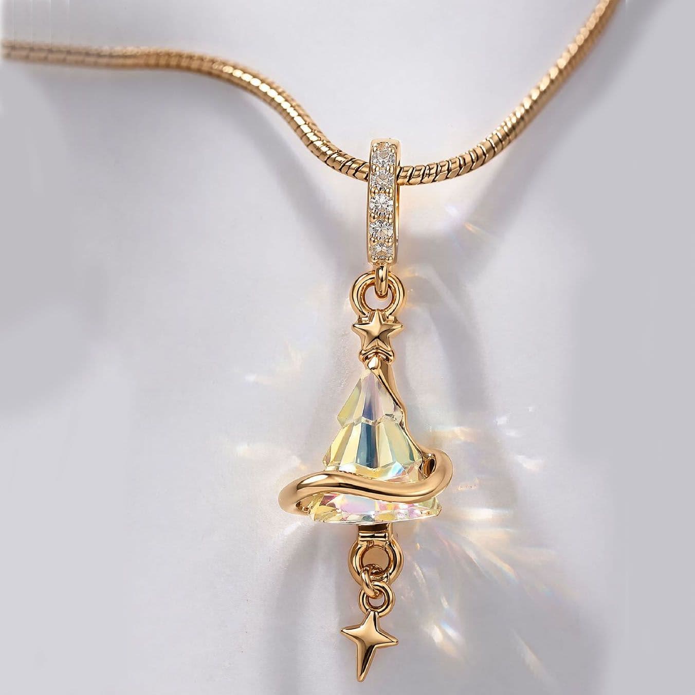 Crystal Star Witch Hat Pendant Necklace For Women, Gold Plated Celestial Charm Choker Jewellery Gift — alternate view