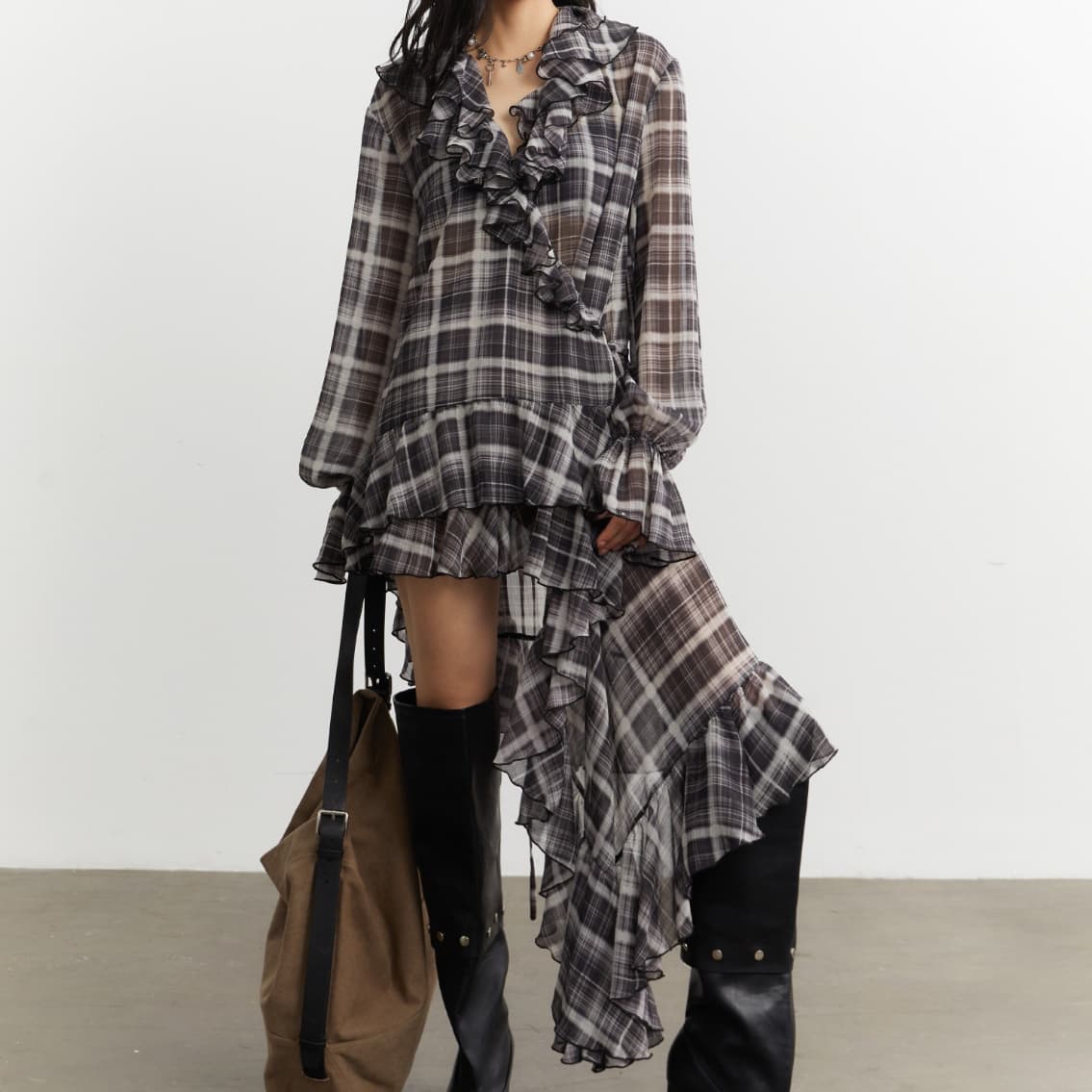 Asymmetrical Chiffon Plaid Shirt Dress With Ruffled Hem