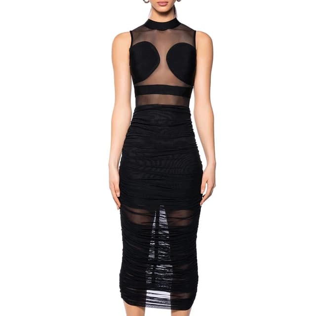 Celebrity Party Dresses For Women Sexy See Through Mesh Patchwork Bodycon Black Bandage Draped Stretch Dress — alternate view