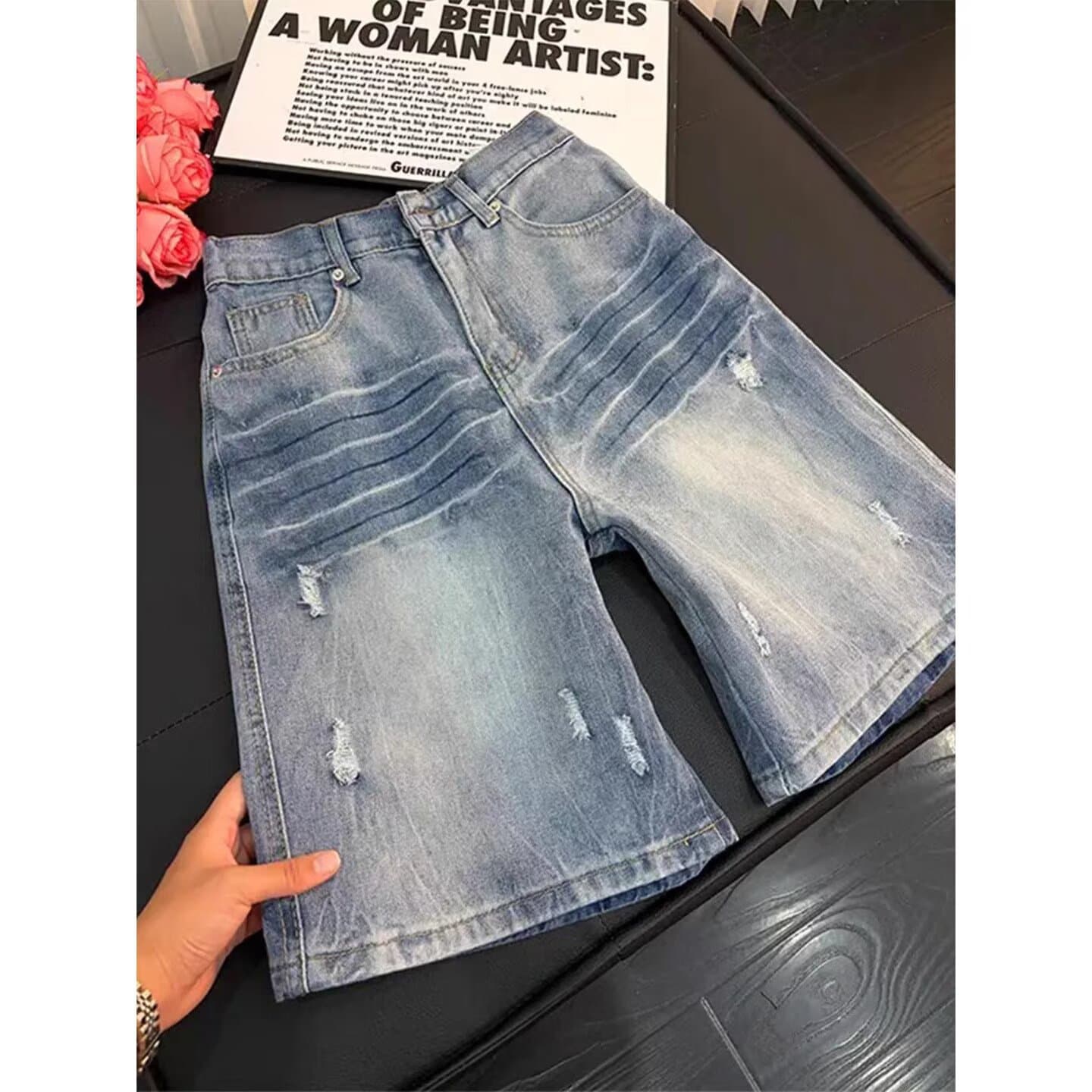 Blue Lightning Pattern Ripped Denim Shorts Men's Style Five — alternate view