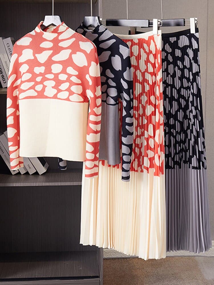 2 Pieces Set For Women Color Block T Shirt Long Sleeve A