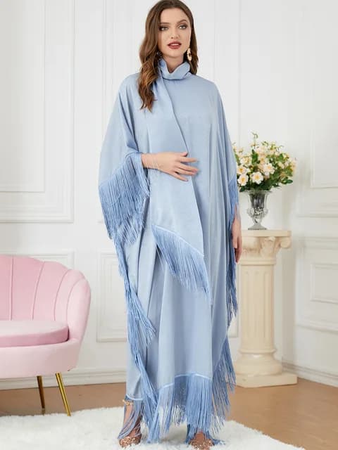 Abaya Muslim Women Tassel Batwing Sleeve Dress Turtleneck Casual Loose Oversized Irregular Hem Robe Moroccan Caftan Ramadan — alternate view