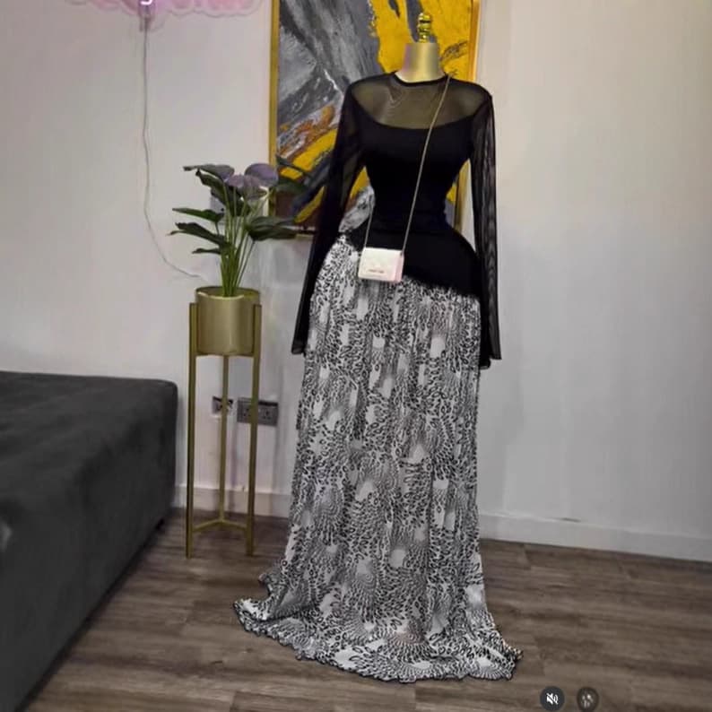 Elegant Autumn Long Sleeve Mesh Dress With Ruffles And Floral Print, Slim Fit, Fashionable Lace Trim — alternate view