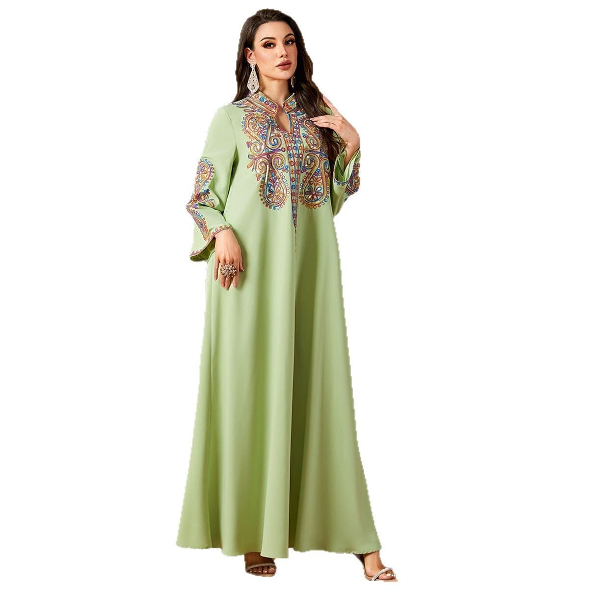 Ethnic Style Long Robe Elegant Pearl Embroidered Dress