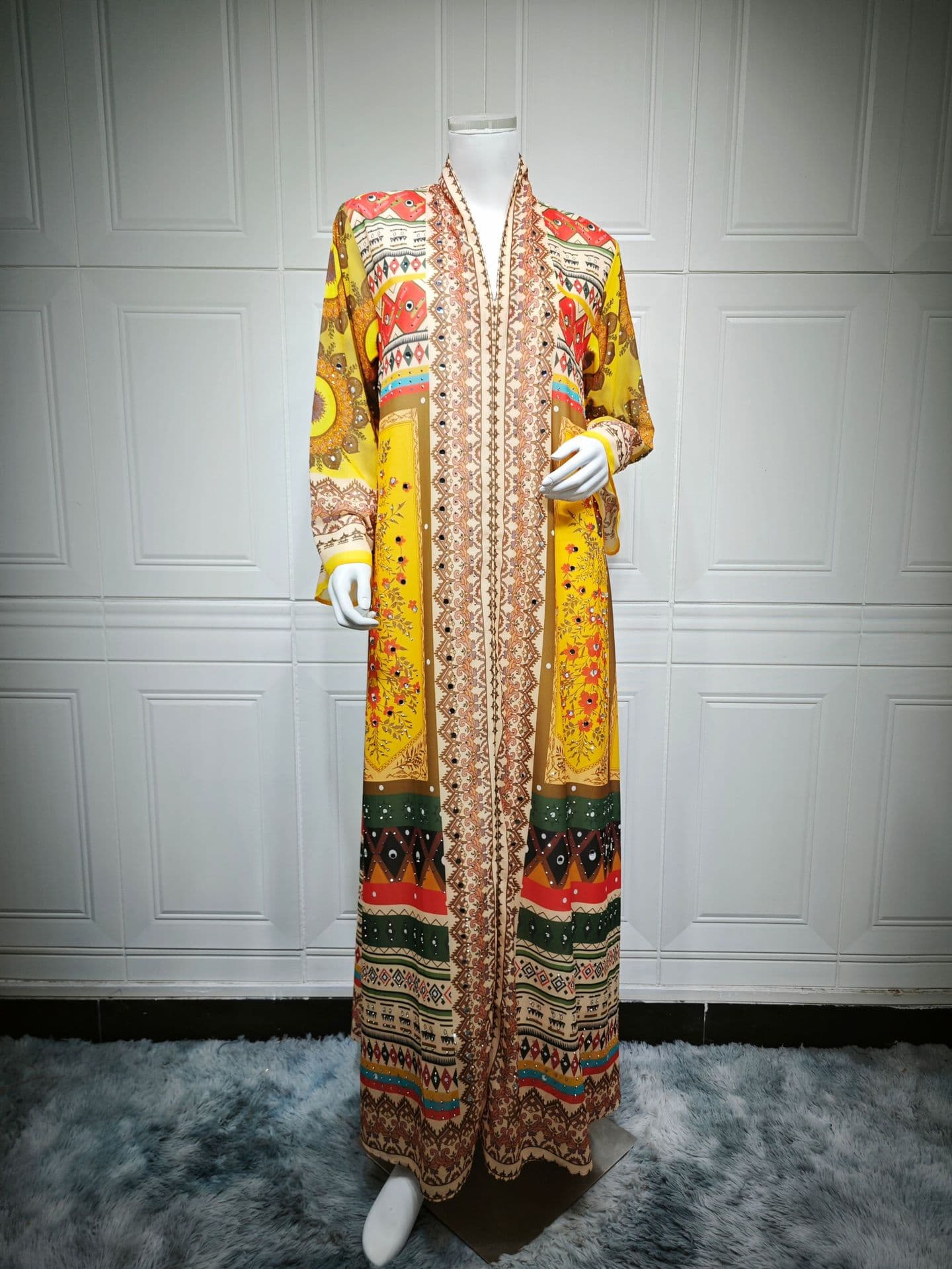 Elegant Ethnic Print Vacation Chiffon Maxi Dress With Rhinestone Embellishment — alternate view