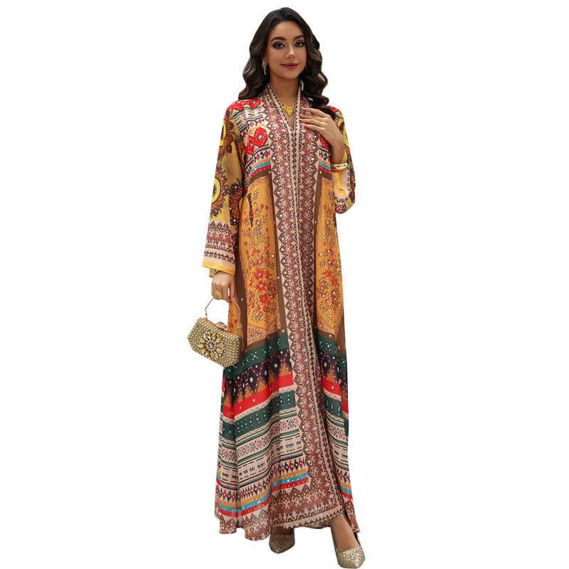 Elegant Ethnic Print Vacation Chiffon Maxi Dress With Rhinestone Embellishment
