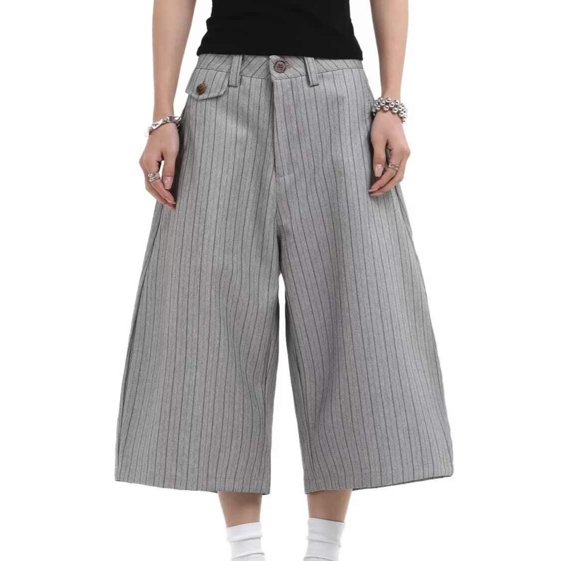Gray Suit Shorts For Men, Retro Loose Casual Striped Seven — alternate view