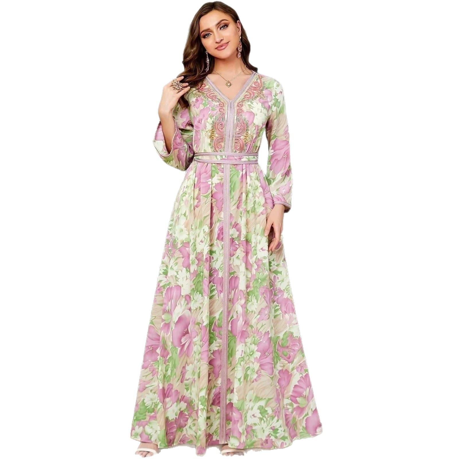 Embroidered Floral Women's Lace Up Waist Cinched Flared Sleeve Drape Dress