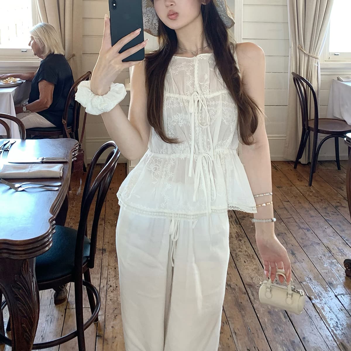 Elegant Boat Neck Embroidered Drawstring Vest French Chic Design Sexy Top