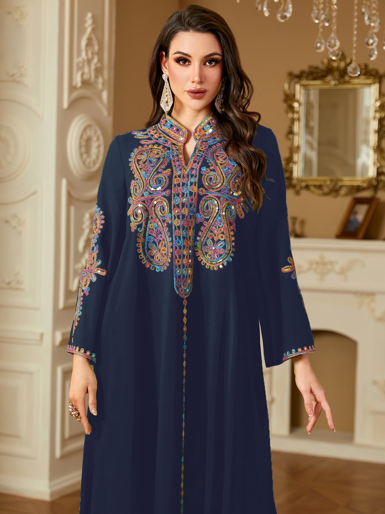 Ethnic Style Long Robe Elegant Pearl Embroidered Dress — alternate view