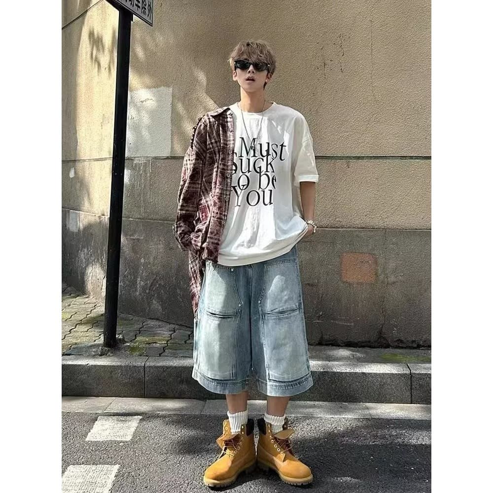 Denim Shorts Men High Street Straight Leg Lumberjack Pants — alternate view