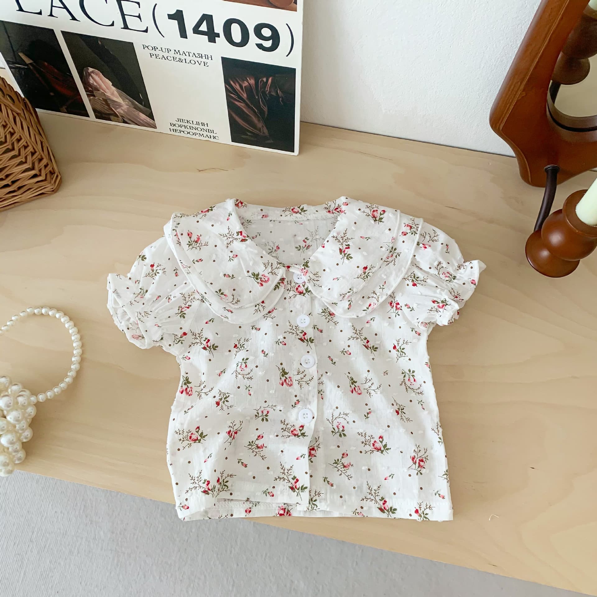 Cute Floral Shirt For Girls, Solid Color Baby Doll Collar Summer Short Sleeve T