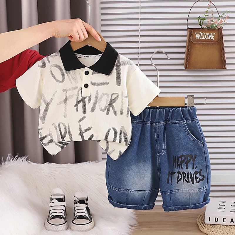 Full Printed Letters Polo Shirt Jeans Set — alternate view