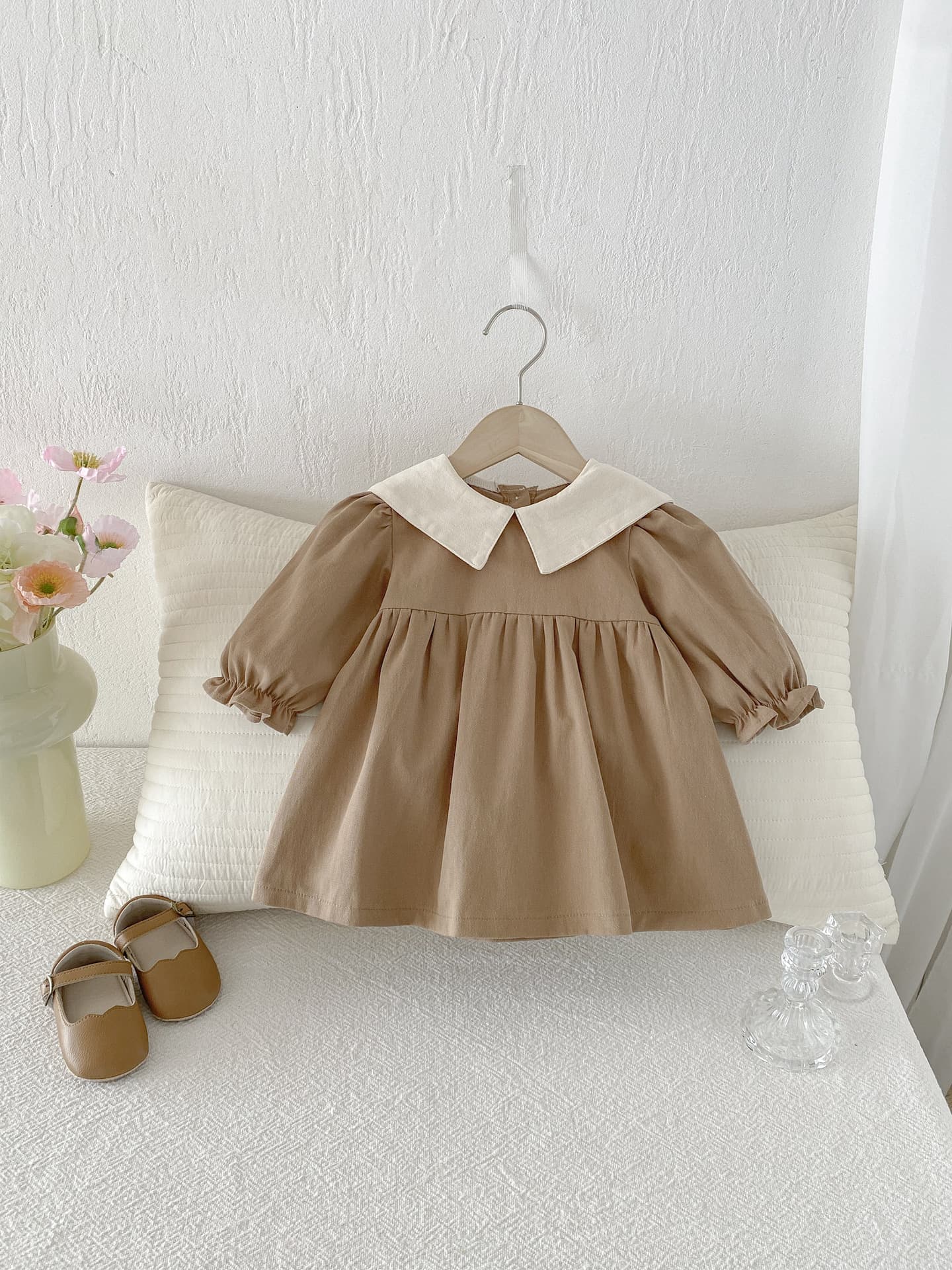 Girls' Long Sleeve Dress With Pointed Collar, Baby Doll Style Turn — alternate view
