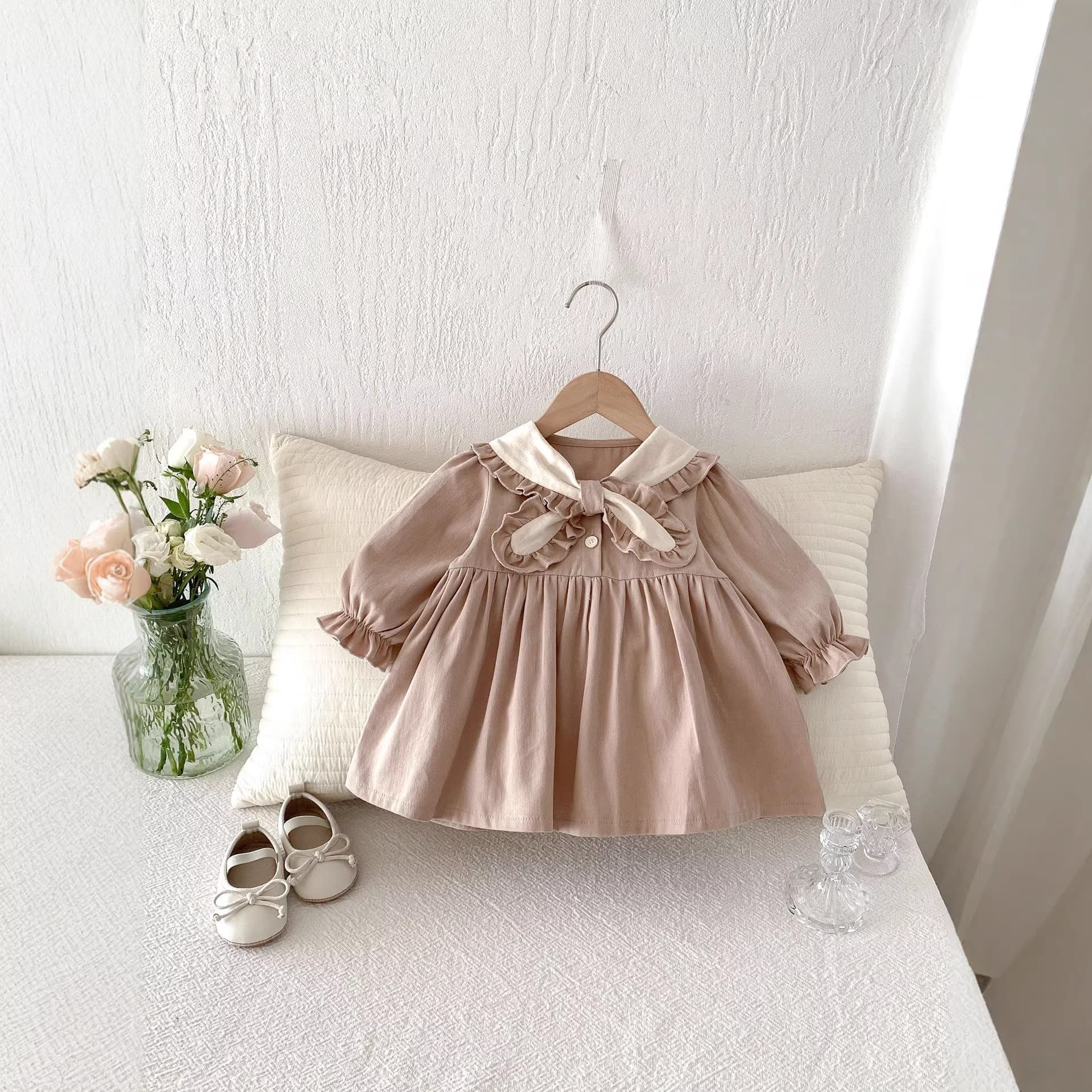 Girls' Spring Dress, Boho Chic Long Sleeve Collared Princess Dress, School Uniform Style For Little Girls
