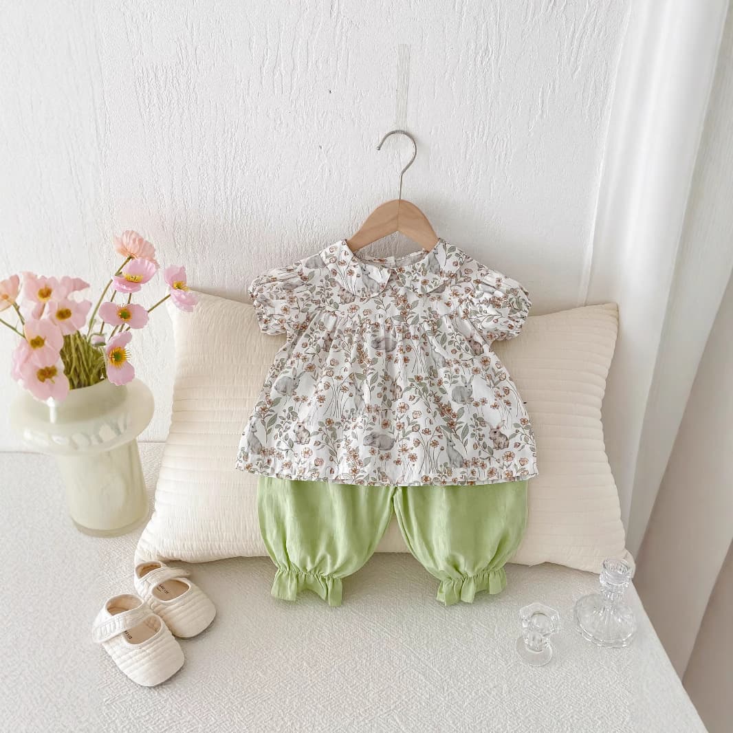 Girls' Summer Outfit Set Floral Print Short Sleeve Two