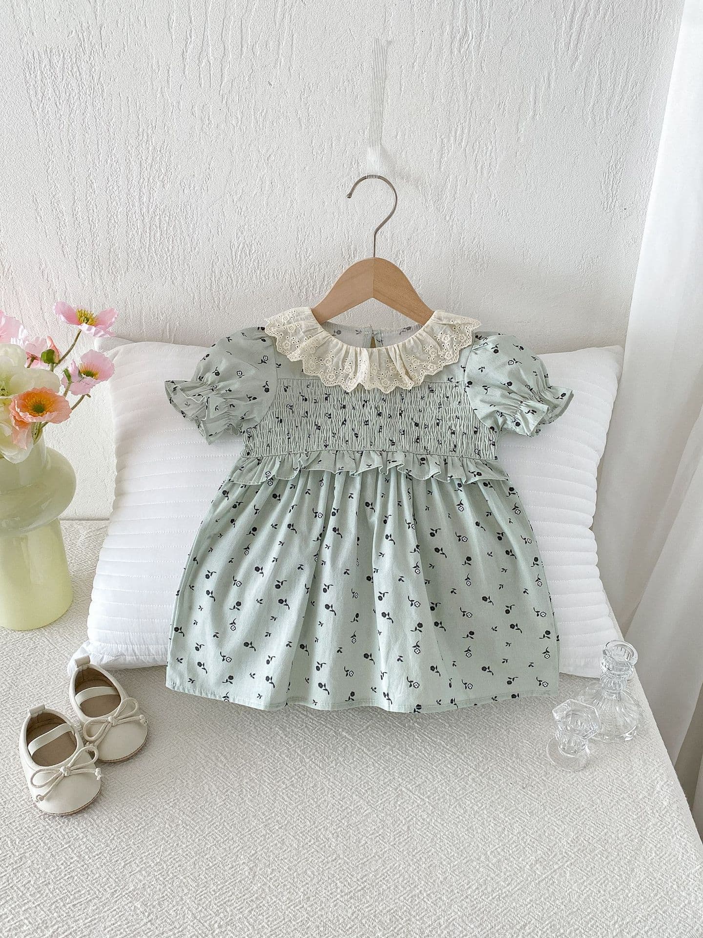 Floral Lace Collar Short Sleeve Dress Summer Baby Cute Sweet Princess Dress Floral Dress — alternate view