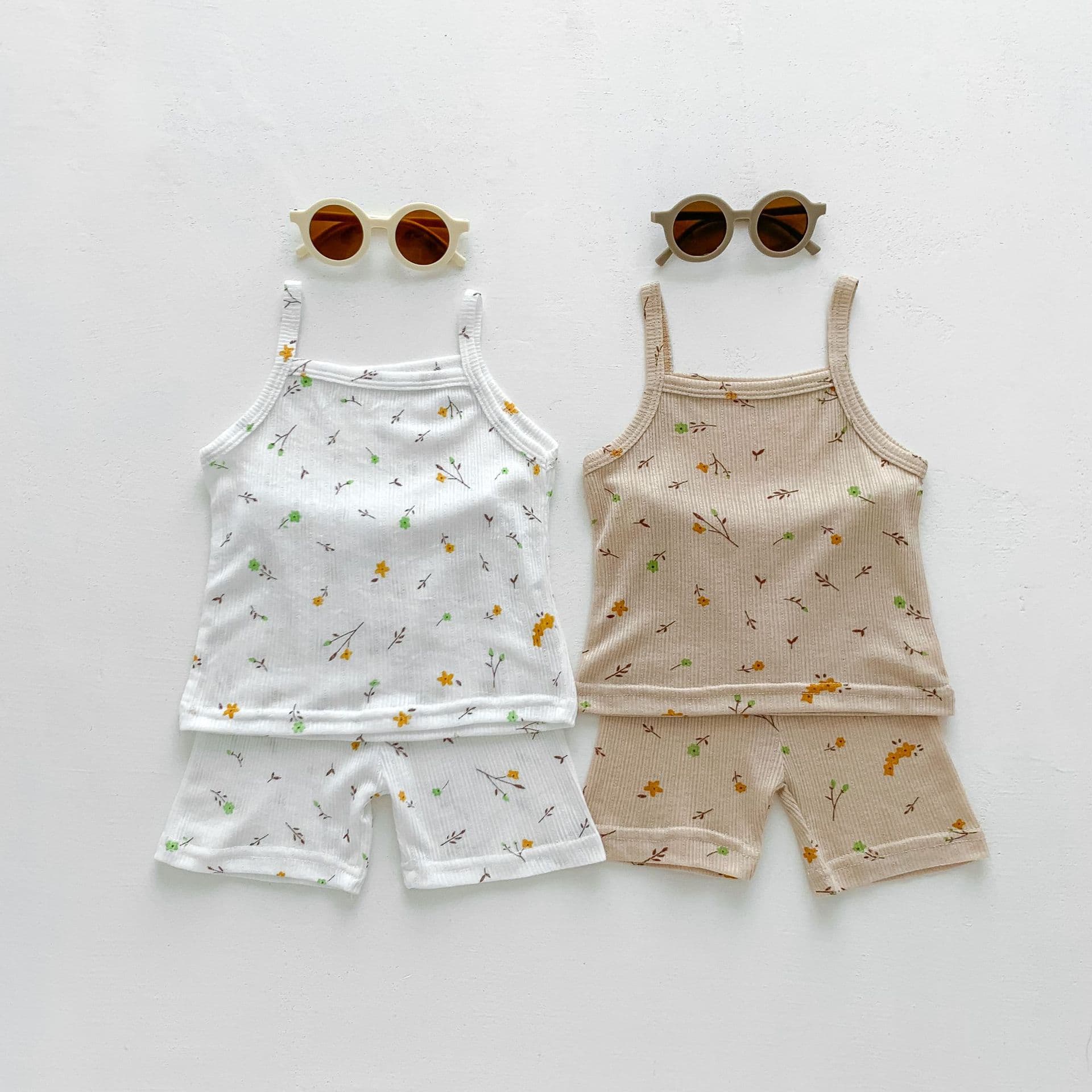 Girls' Floral Strap Set Summer Outfit, Cotton Two