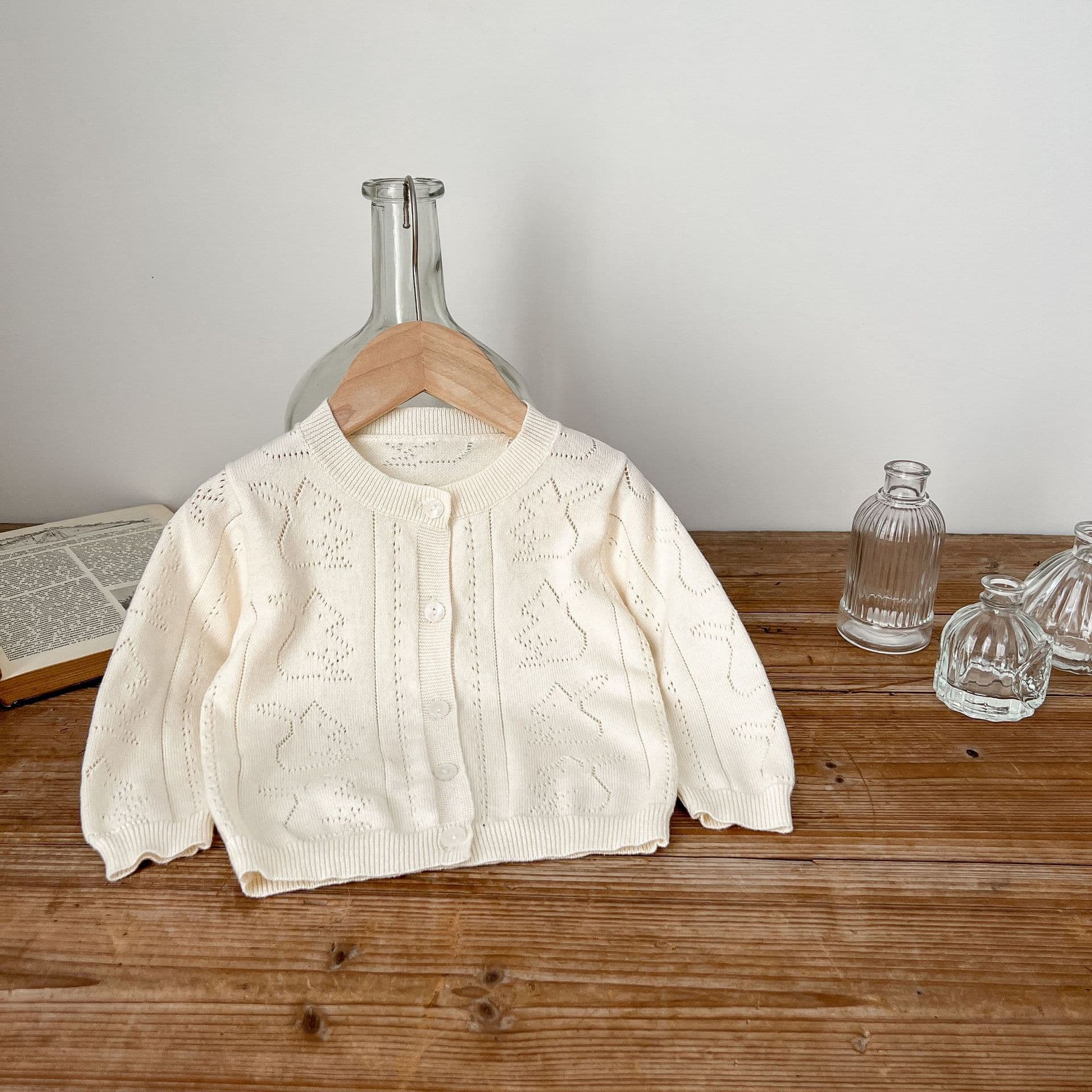 Baby Knit Cardigan With Hollow Bear Design, Lightweight Breathable Sun Protection Outerwear For Boys And Girls