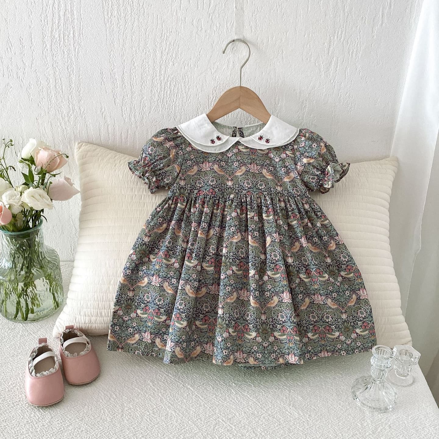 Girls' Dress Summer New Style Cottage Chic Cute Peter Pan Collar Princess Dress Baby Long Sleeve Floral Dress