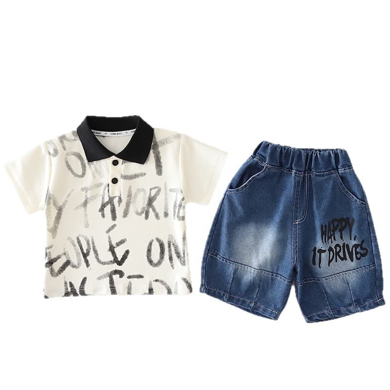 Full Printed Letters Polo Shirt Jeans Set
