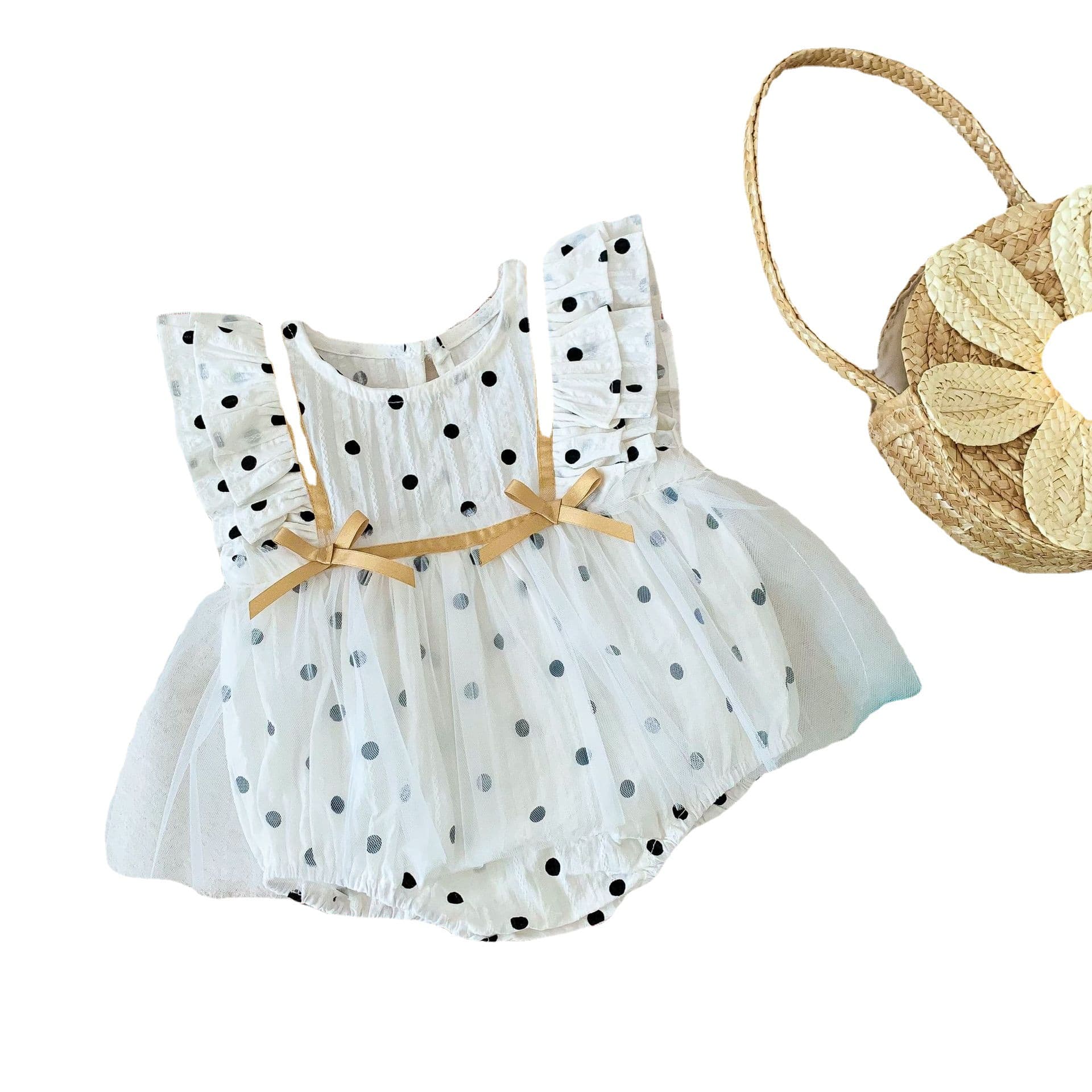 Infant And Toddler Girl's Sleeveless Summer Romper With Polka Dot Tulle Skirt, Triangular Crawler Hoodie Style, One — alternate view