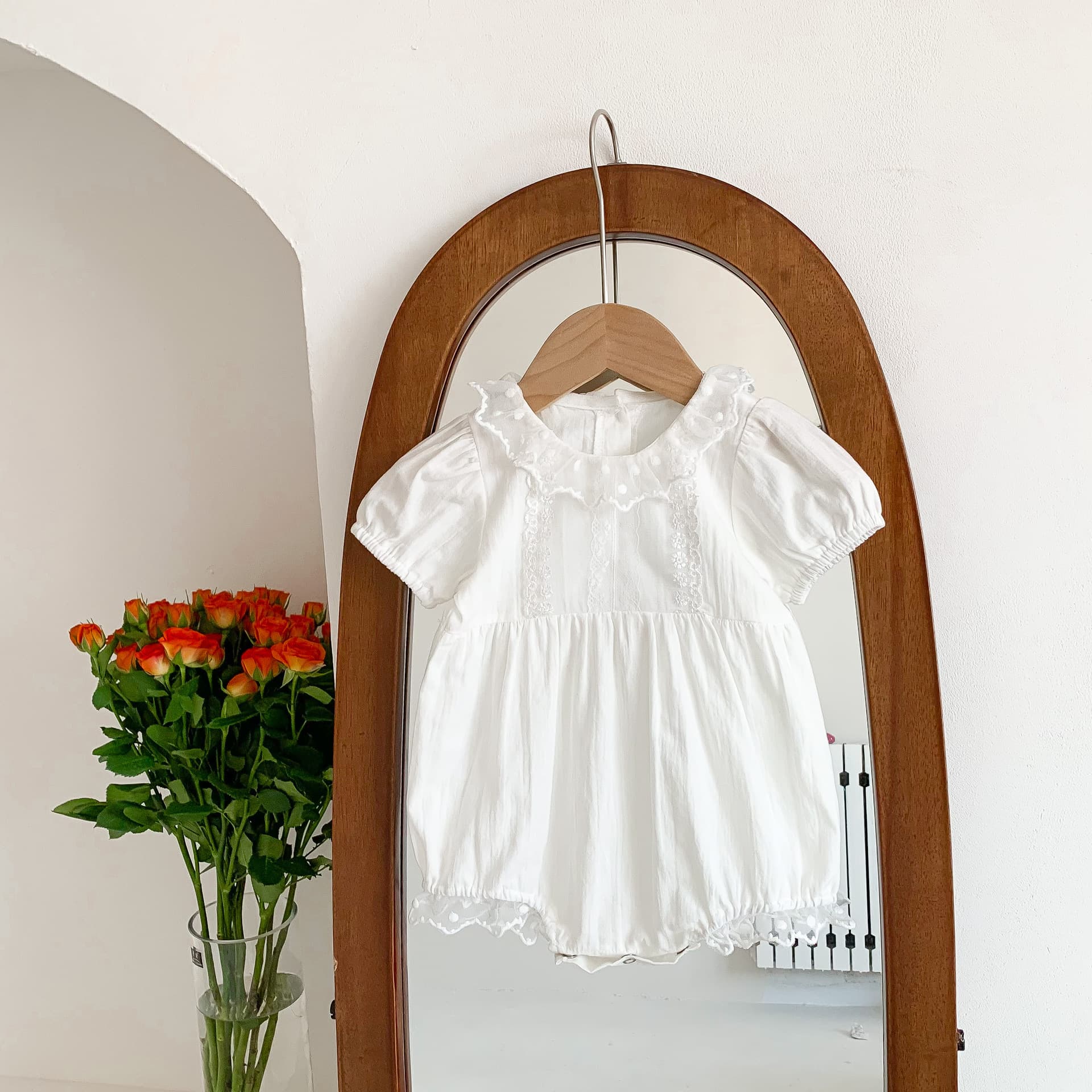 Cotton Lace Trim Breathable Romper For Baby Girls Short Sleeve Onesie Bodysuit