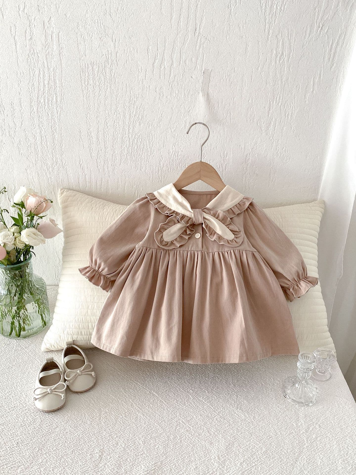 Girls' Spring Dress, Boho Chic Long Sleeve Collared Princess Dress, School Uniform Style For Little Girls — alternate view