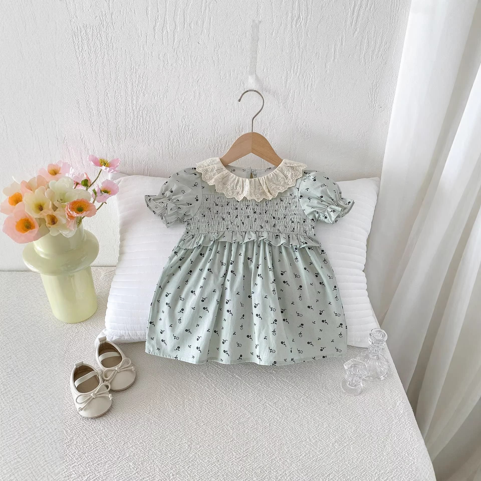 Floral Lace Collar Short Sleeve Dress Summer Baby Cute Sweet Princess Dress Floral Dress