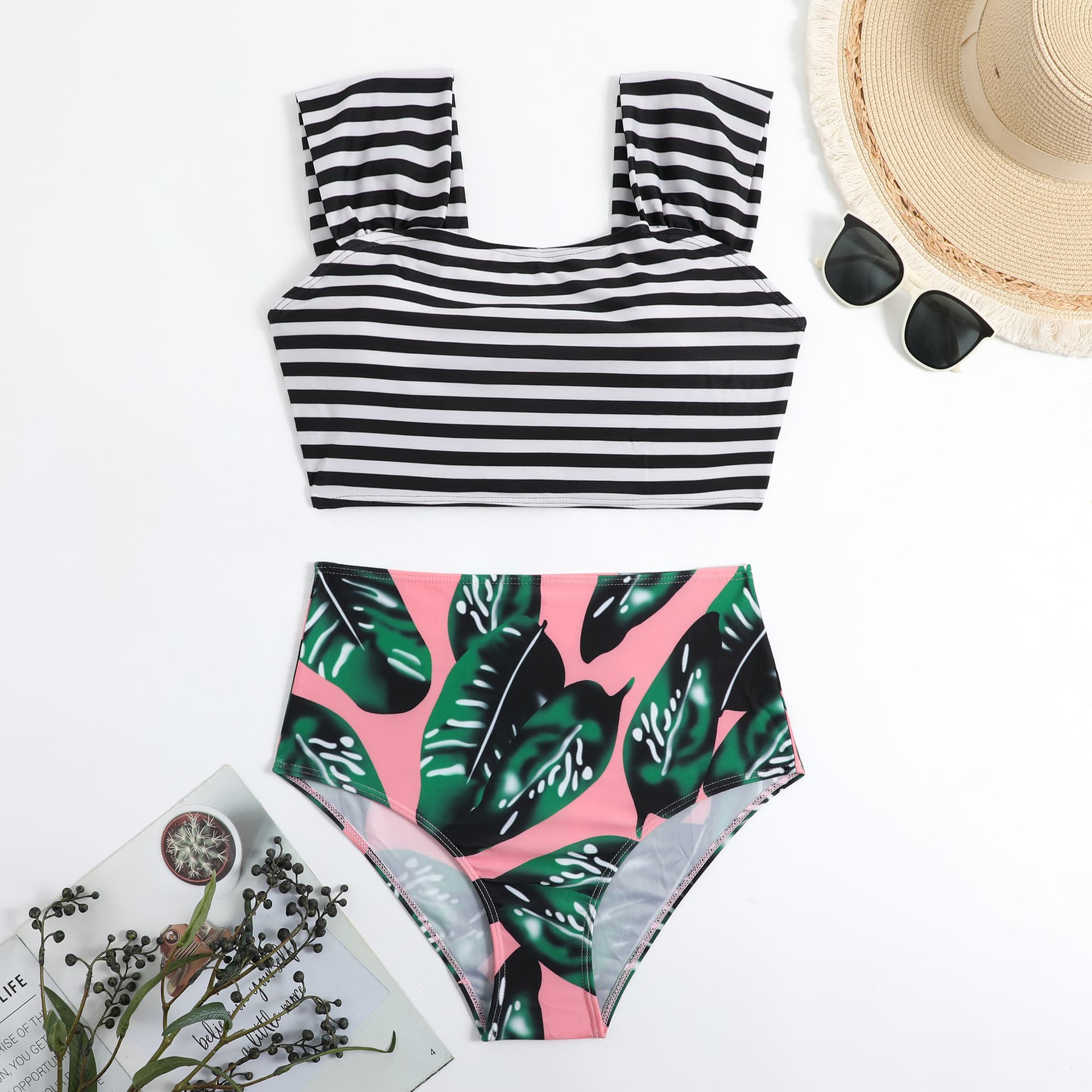 Factory New Split Leaf Print Stripe Bikini Women's Swimwear In Stock