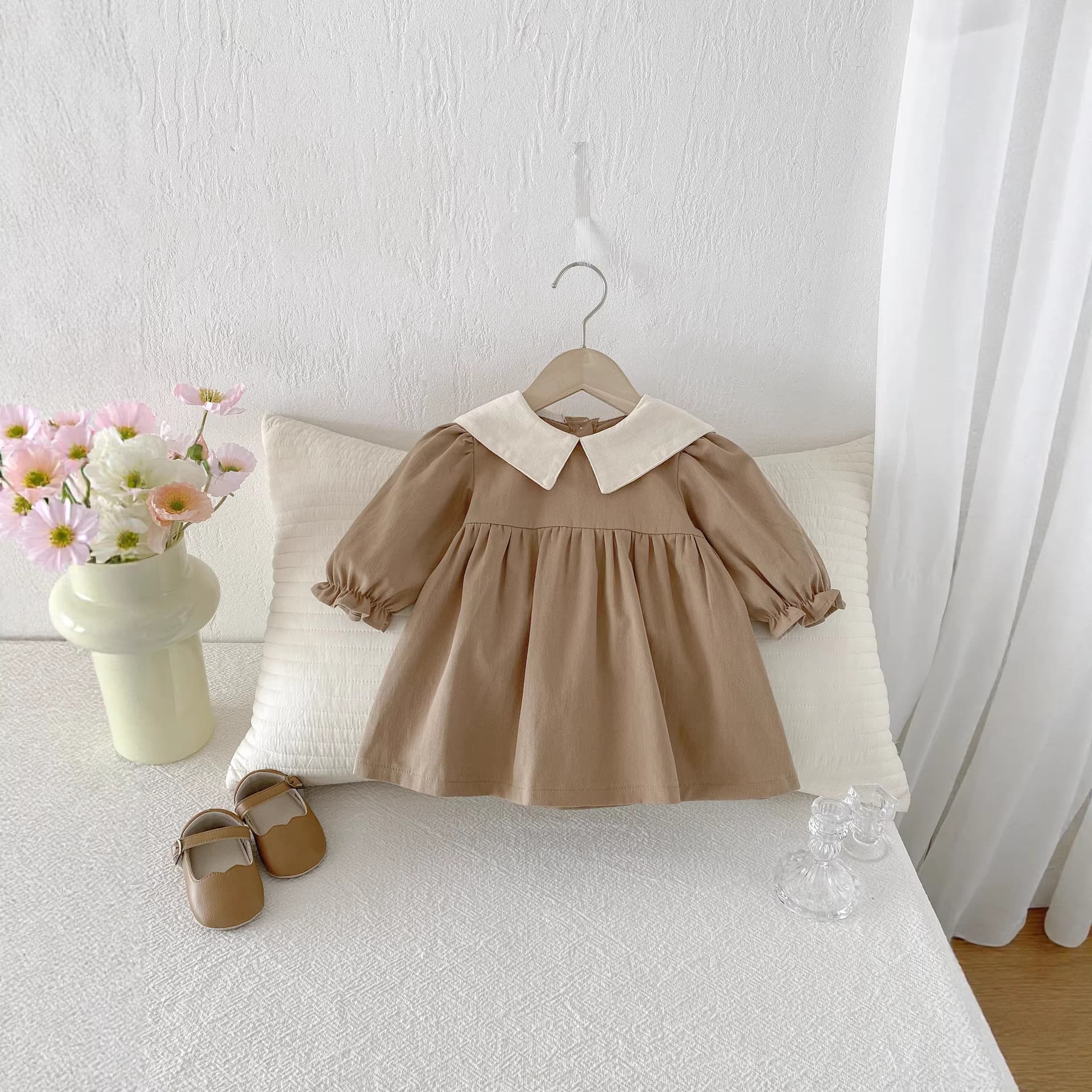 Girls' Long Sleeve Dress With Pointed Collar, Baby Doll Style Turn