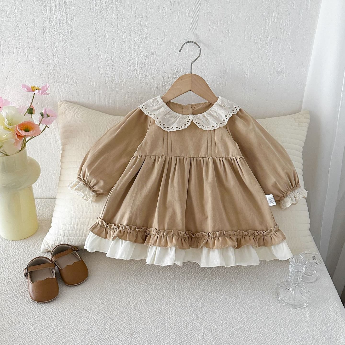 Girls' Long Sleeve Dress Spring Floral Trim Turn