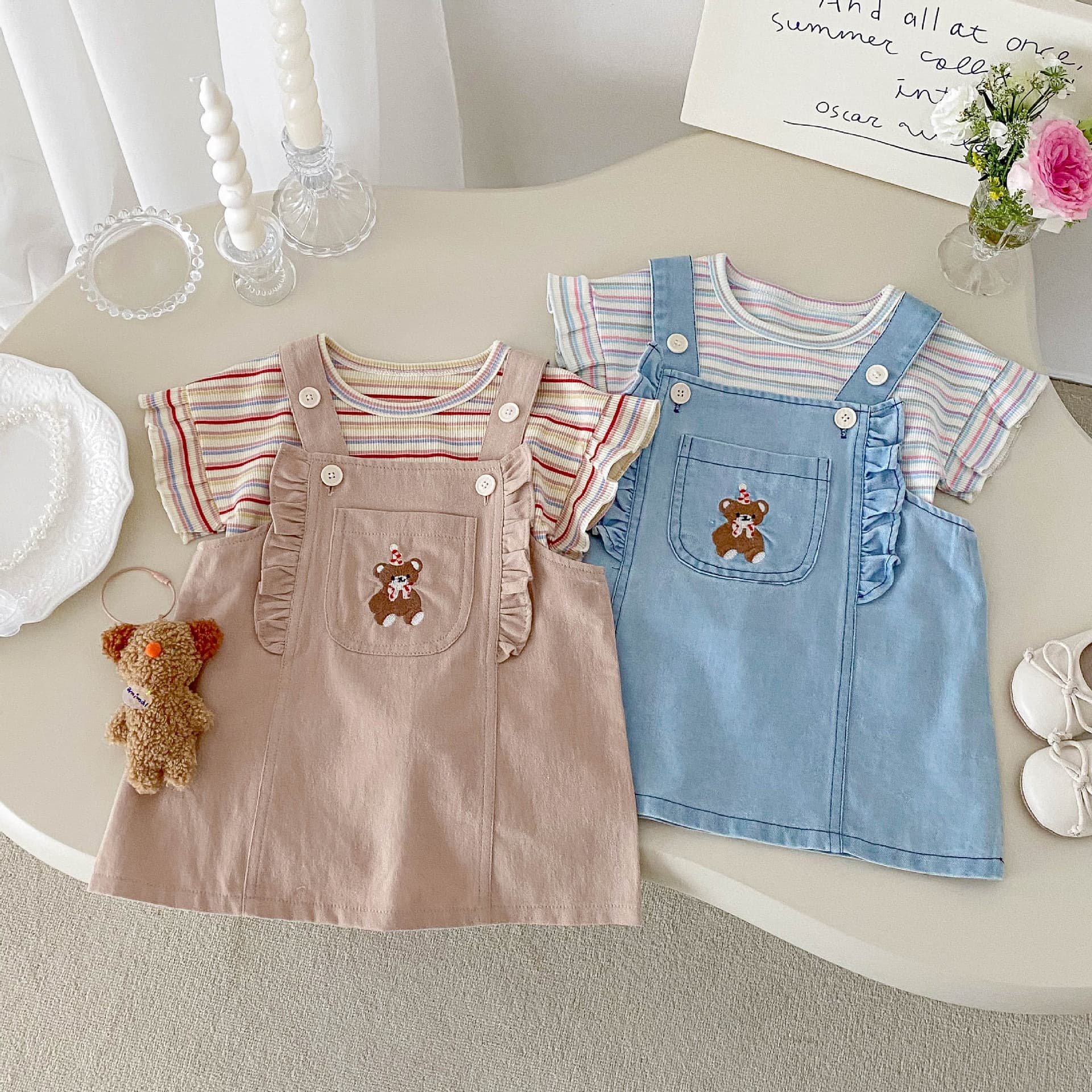 Cute Stripe Overalls Dress Set For Girls, Cartoon Bear Denim Dress, Sweet Style, Summer Fashion, Two