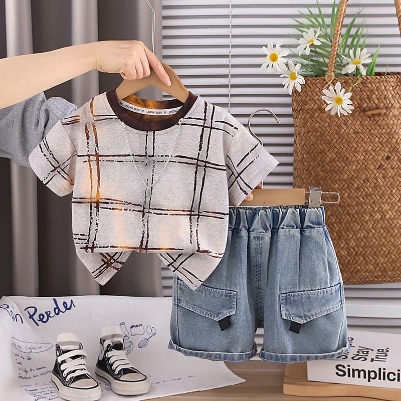 Grid Round Neck Short Sleeved Top And Shorts Set — alternate view
