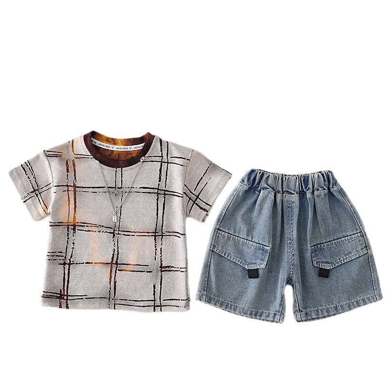 Grid Round Neck Short Sleeved Top And Shorts Set
