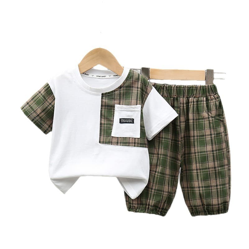 Round Neck Short Sleeved Shirt Checkered Pants Set — alternate view