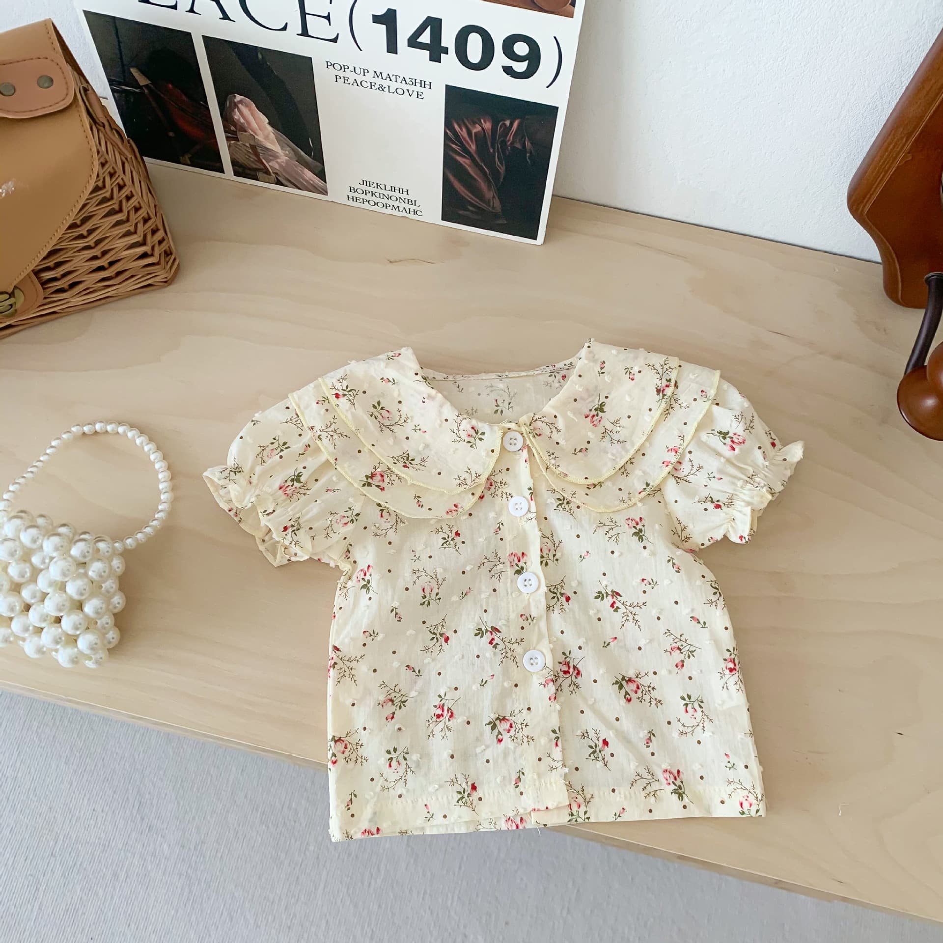 Cute Floral Shirt For Girls, Solid Color Baby Doll Collar Summer Short Sleeve T — alternate view